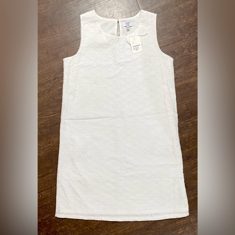 ⭐️NWT⭐️< CROWN & IVY > Girls White Mini Sundress Sleeveless Cotton Eyelet Bow